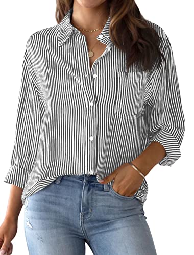 NONSAR Blusa elegante para mulher, manga comprida, às riscas, com botões, casual, para escritório, trabalho, de algodão
