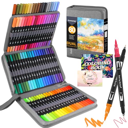 Gunsamg 80 Marcadores Lettering marcadores ponta pincel, marcadores Lettering kit para meninas, marcadores de ponta dupla com livro colorir cartões de felicitação