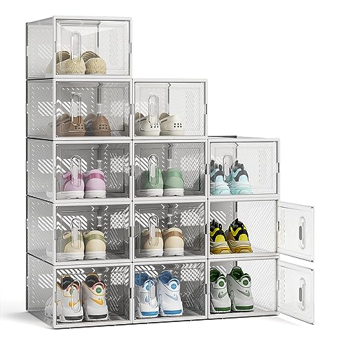 FUNLAX Caixas de sapatos, conjunto de 12 caixas transparentes com porta magnética, tamanho até 45 armazenamento prático, branco grande