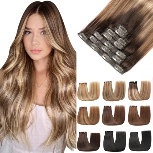 EINbeauty Clipe de extensões de cabelo natural, 7 unidades 120 g 55 cm extensões naturais de clipe de cabelo humano Hair extensão (22 polegadas, 2/6/18 K#)