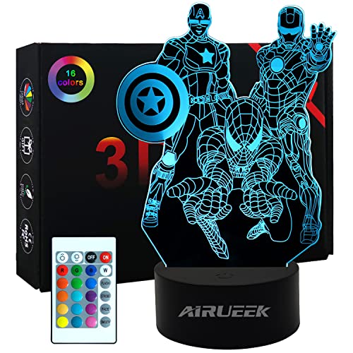 AIRUEEK 3D Superheroes lâmpada Spiderman luz noturna infantil - Iron Man & Capitão América para crianças-16 cores reguláveis e 1 modelo e 1 base e 1 remoto