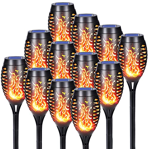 Qedertek Luzes solares LED para exterior e jardim, 12 pacotes de 12 LED tochas com chama realista, IP65 impermeável para jardim, pátio, corredor, relvado e caminho