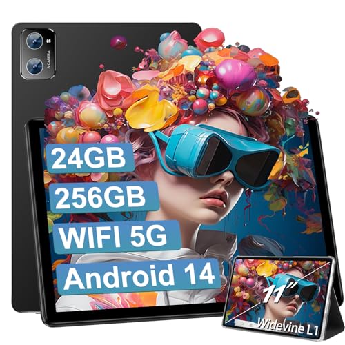 SUAAT 2025 Newest Tablet de 11 polegadas 24 GB RAM + 256 GB ROM (expansível para 512 GB), Android 14 Octa-Core, 1280 * 800 HD, WiFi 5G, Bluetooth 5.0, 8000 mAh, 133 MP+5MP, Tablet com + capa, preto