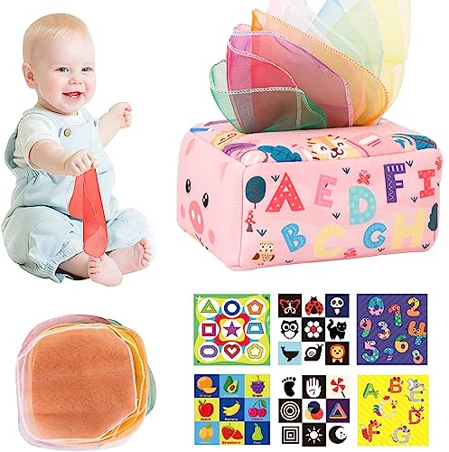 Afufu Caixa lenços brinquedo para bebé, brinquedos educativos Montessori sensoriais para bebés 0-6-12 meses com cores sonoras rugados, presente de brinquedo de peluche educação precoce meninos meninas