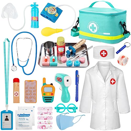 Sundaymot Maletin Brinquedo médico, brinquedo médico com estetoscópio real, termómetro, mala de médico portátil, brinquedos de madeira adequado conjunto de papéis brinquedos meninas e meninos 3 anos