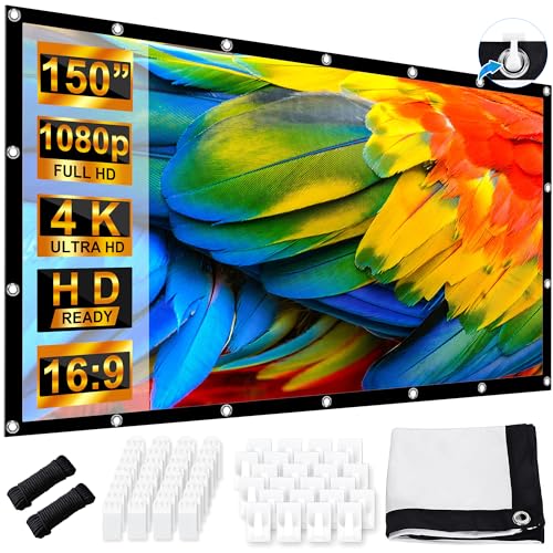 Ecrã projetor de 150 polegadas, LEORFI ecrã portátil projetor suporte 16:9 4 K Full HD, 336 x 190 cm, ecrã de projeção de dupla face para pátio, para cinema casa campismo eventos criativos