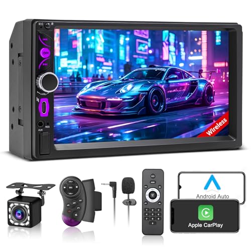 KMUTZY Wireless A-pple CarPlay and Android Auto 2 DIN Rádio para carro, Recetor digital multimédia de 7 polegadas, rádio duplo DIN com ecrã, câmara traseira, link Mirror, RDS/FM/Am/Phone GPS/SWC/AUX