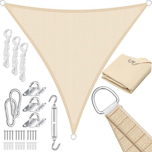 KESSER® Vela de sombra proteção solar corta-vento incluída, material de montagem com ilhoses, tecido HDPE, resistente à água, vento e rasgão, costurado 5 vezes, 5 x 7 m, triângulo, creme