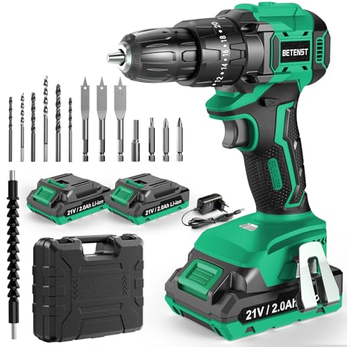 BETENST Broca Percutor a bateria 21 V, sem escovas broca parafuso bateria com 2 x baterias 2,0 Ah, parafuso elétrico 45 N.m, ajuste de par, 14 acessórios, 2 velocidades para bricolage