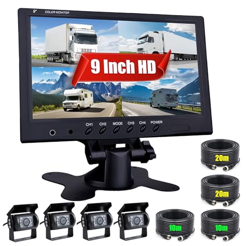 CAMECHO Câmara frontal / traseira de carro kit, 9 polegadas 4 divisões, câmara impermeável, 18 IR IP 68 visão noturna com 2 x 33 pés e 2 x 65 pés para camiões de reboque