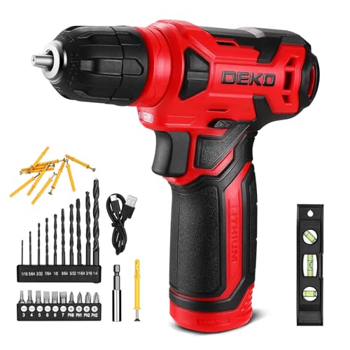 DEKOPRO Broca de parafusos sem fios 8 V, com 10 mm porta-brancas, luz LED, cabo de carregamento tipo C, acessórios de 42 peças, broca elétrica para perfurar e apertar/afrouxar parafusos, vermelho