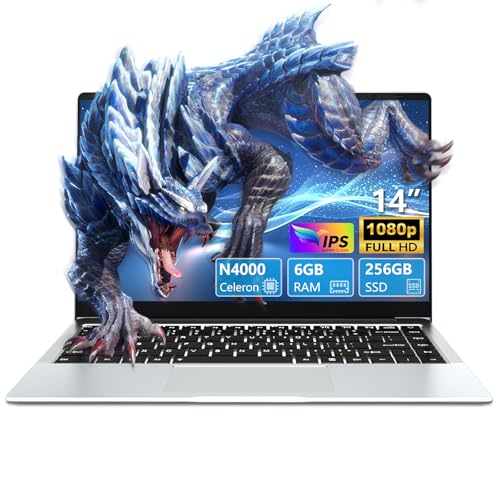 Ekonavi Computador portátil de 14,1 polegadas, Celeron N4000 SSD de 256 GB RAM LPDDR4 de 6 GB, portátil ecrã FHD rebatível de 180°, computador portátil com mini-HDMI, 2 x USB3.0 computador portátil