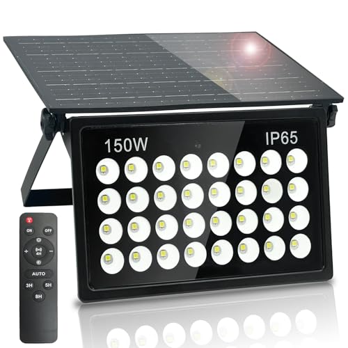 BOSITE 150 W Focos LED exteriores solares, luz solar exterior com controlo remoto, 6500 K, lâmpada solar exterior, IP65 impermeável com holofote solar para jardim, pátio, caminho, garagem rua