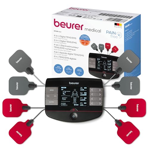 Beurer EM 89 Eletroestimulador TENS/EMS com função de calor, função 4 em 1 para tratamento de dor, massagem e termoterapia, 4 canais ajustáveis separadamente, 8 elétrodos e bateria