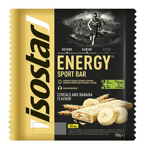 Isostar Barras Energy Sport com niacina, vitaminas B1, B2, C, E e B6. Ajudam a manter o metabolismo energético normal e a reduzir a fadiga. Gosto de banana, 3 x 40 g
