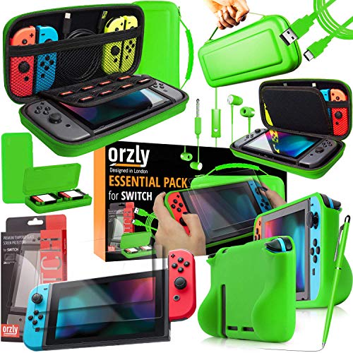 Orzly Acessórios para Nintendo Switch (Inclui: Protetores de ecrã, cabo USB, capa para consola, estojo para cartões de jogo, Comfort Grip para os comandos JoyCon, auriculares) verde