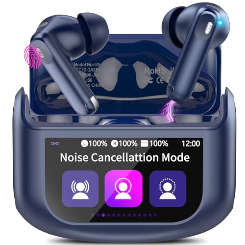 Auriculares Bluetooth com ecrã tátil e microfone com cancelamento de ruído ANC+ENC, cor azul