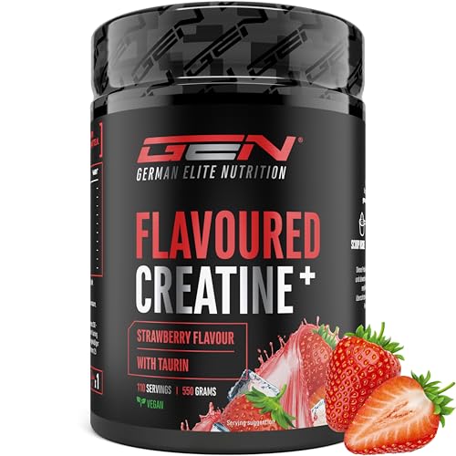 Creatina em pó saborizada, 550 g, Creatina monohidrato + L-Taurina, creme micronizada com sabor, sem açúcar e máxima solubilidade, vegano (Strawberry)