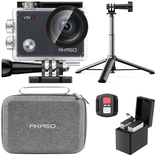 AKASO Pacote de criador V50 x câmara desportiva 4K WiFi 20 MP, saco de armazenamento para câmara de ação, câmara aquática submergível com 60 cm vara selfie , 2 baterias