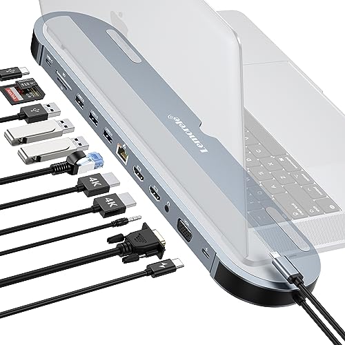 Lemorele Docking Station Triplo ecrã com função de suporte para portátil, adaptador de 12 em 1 hub com 2 HDMI 4K, VGA, Ethernet, 3 USB A, 100 W PD, USB C Dados, SD/TF, áudio 3,5 mm