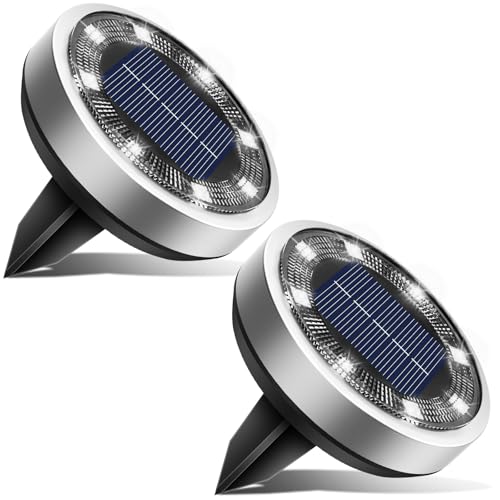 btfarm 2 Pacotes luzes solares LED para exteriores, jardim, chão, 8 LED luz solar exterior e jardim, IP65, candeeiros solares exteriores e jardim, caminho, relva, pátio (branco frio)