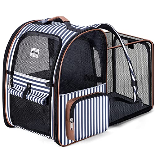 Lekespring Transportin gato expansível com 4 entradas, mochila de gato respirável, transporte cão com arnês interno, mochila para cão carga máxima 8 kg, transportadores, gato impermeável, riscas
