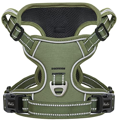 HEELE Arnês tipo colete respirável acolchoado ajustável antipuxões refletores camuflagem para cão grande - treino, correr - verde exército, XL