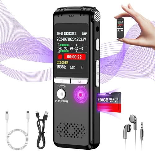 Dispositivo de gravação digital ativado por voz de 128 GB, 1536 Kpbs microfone gravador com reprodução, cancelamento inteligente de ruído, gravador de voz para reuniões, aulas, entrevistas, MP3