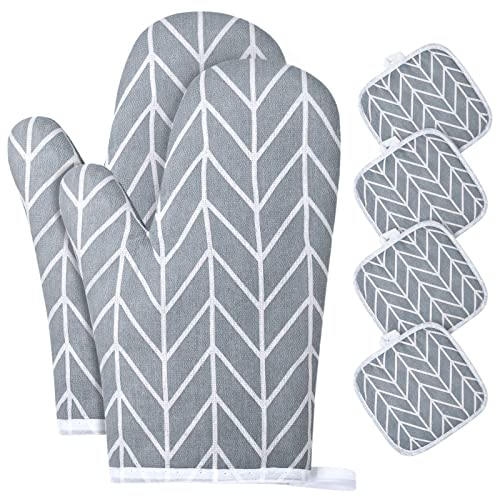 AUAUY 1 par luvas forno, algodão antiderrapante luvas de cozinha de algodão, Oven Gloves resistente ao calor para assar cozinhar churrasco micro-ondas com 4 toalhas de mesa isoladas (cinzento)