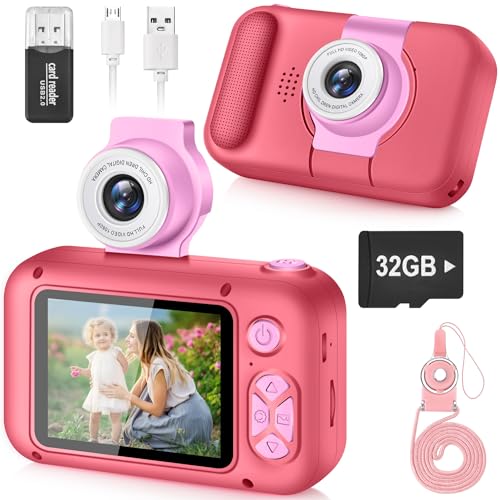 ARNSSIEN Câmara com fotos infantis, câmara de fotos para crianças com lente de 180°Flip e ecrã IPS 2,4 polegadas, brinquedo de aniversário para meninos e meninas de 3-12 anos, cartão de 32 GB, X101