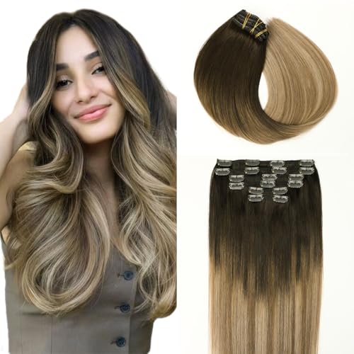 SURNEL Extensões de clipe de cabelo natural 120 g 50 cm 6 peças castanho escuro a castanho e loiro sujo destacado extensões de clipe de humano real extensões cabelo Remy extensões (C#2/6/18-50 cm)