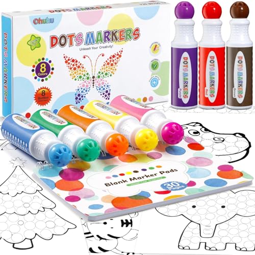 Ohuhu Kit de marcadores de pontos, marcador de pintura de 8 cores (40 ml, 1,41 onças). Com um marcador de 30 páginas em branco, embadurnadores de bingo não tóxicos à base de água para crianças