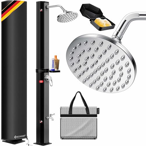 KESSER® Chuveiro solar de 35 litros para jardim, água quente máx. 60 °C, chuveiro de piscina sem conexão elétrica, chuveiro de chuva, torneira, conexão de mangueira, inclui bandeja, tampa e