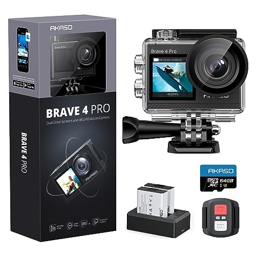 AKASO Brave 4 Pro Câmara desportiva 4K 20MP com cartão de memória U3 de 64 GB câmara de ação câmara aquática submergível 40 m com ecrã duplo EIS 5X Zoom 2 x 1350 mAh baterias multi acessórios
