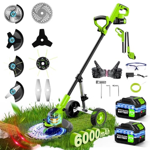 Desboçador elétrico com bateria 2 x 3000 mAh e carregador, 21 V máquina de cortar relva elétrica de 4 em 1, com motor sem escovas e 4 tipos de lâminas para relva/jardim