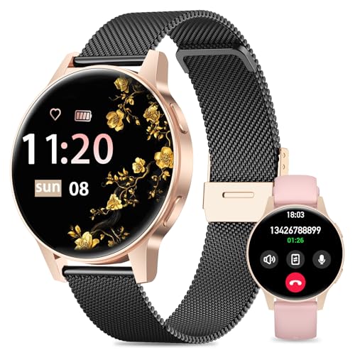 SLOKSFil Relógio inteligente mulher, 1,27" TFT com chamadas Bluetooth Smartwatch mulher, ciclo feminino, monitor de sono, 100 desportos IP68 Waterproof, para Android/iOS (Schwarz Gold)