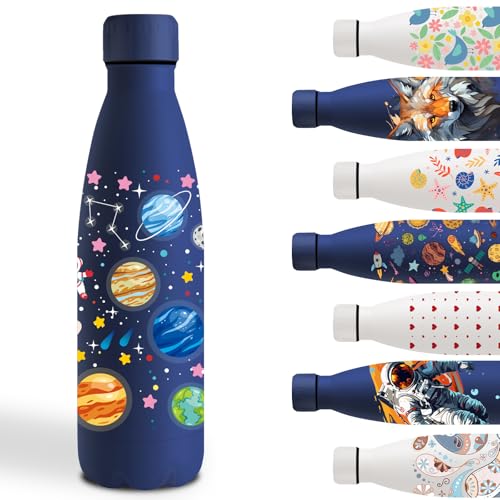 Garrafa de água de aço inoxidável de 500 ml, cantil de aço inoxidável, fácil de transportar, garrafa de água personalizada com esteróide, à prova de fugas, para a escola, ginásio, azul escuro