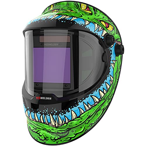 YESWELDER Pasta de soldar automática 1/1/1/1 vista grande cor verdadeira acionada por energia solar, máscara de soldar automática com vista lateral, 4 sensores de sombra 4/5-9/9-13 para TIG MIG ARC
