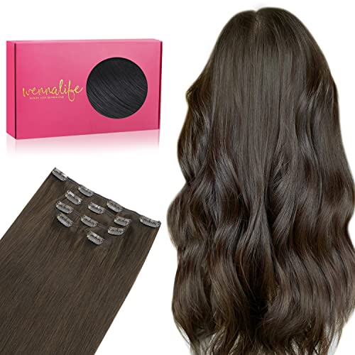 WENNALIFE Extensões de clipe de cabelo natural, 40 cm 75 g, 5 peças, castanho-escuro claro extensões de clipe natural Remy cabelo humano extensões de cabelo natural