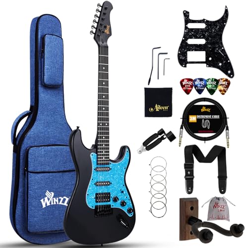 Winzz Guitarra elétrica adulto 4/4 tamanho completo, captador HSS, guitarra elétrica ST para iniciantes, pack com 12 acessórios, kit de guitarra elétrica por 12 anos (39" preto mate, Pickguard azul)