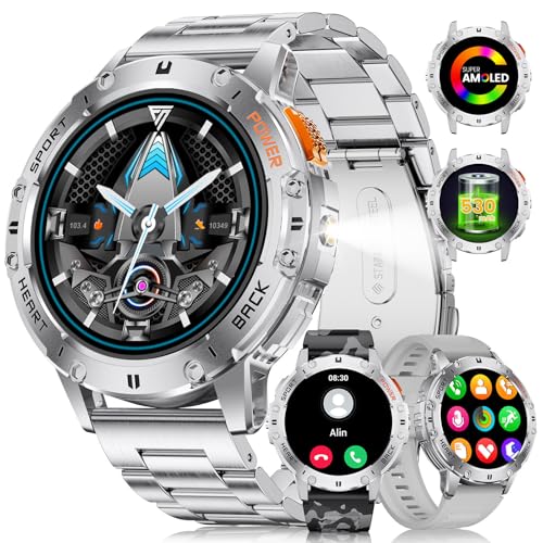 LIGE Relógio inteligente homem com lanterna LED, 3 cintos, 530 mAh, 1,43" AMOLED Smartwatch para Android iOS, 5ATM impermeável, 24H frequência cardíaca, chamadas Bluetooth Smart Watch