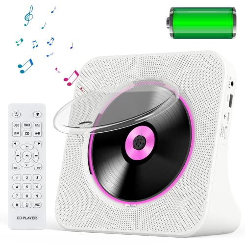 KOVCDVI Leitor de CD portátil com Bluetooth e bateria de 4000 mAh altifalantes reprodutor CD com controlo remoto cobertura de pó ecrã rádio FM temporizador porta de auriculares USB AUX