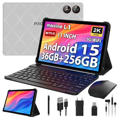 PIXGOOD 2025 2K Tablet de 11 polegadas com Android de 15, 36 GB + 256 GB, INELL 2000 * 1200, Octa Core, 13 MP+8 MP, WidevineL1/8000 mAh/5G WiFi/BT5.0/OTG/G/G/GPS, Tablet Com teclado (Cinzento)