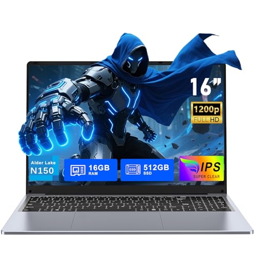 FUNYET Computador portátil de 16 polegadas Gaming Laptop, 16 GB de RAM, 512 GB de SSD, Win 11 Pro Notebook, PC portátil processador N150 (até 3,6 GHz), 6000 mAh, FHD 1920 * 1200, teclado Backlit