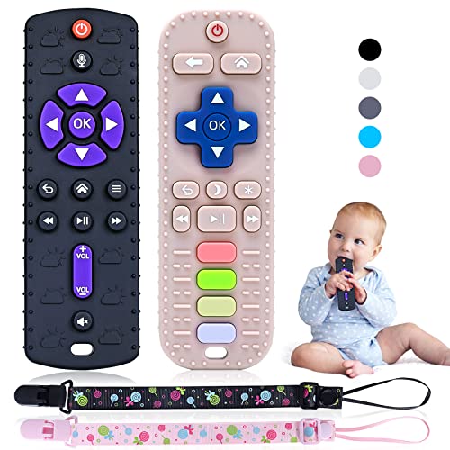 Orzbow 2 peças mordedor bebé, comando brinquedo bebé de silicone com clipe de chupeta e botões pulsáveis, brinquedos macios Montessori bebé 0-6 meses, mordedores bebés 3-6 meses, preto e rosa claro