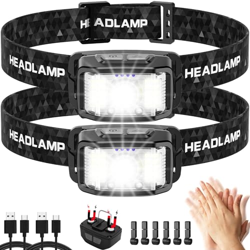 Aaizplz Lanterna LED frontal de 2 unidades, lanterna de cabeça recarregável, impermeável, 2000 lúmenes, 16 modos de iluminação (controlo individual), com sensor inteligente, para corrida, excursão