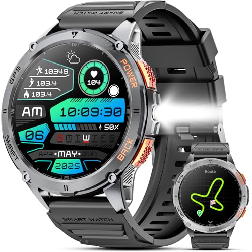 Joautrial Relógio inteligente homem GPS, 1,43" AMOLED Smartwatch homem com lanterna e bússola, chamadas Bluetooth, monitor de sonho, 100 modos desportivos, IP68 impermeável Smartwatch para Android iOS
