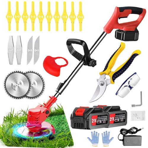 Garden Strimmer, máquina de barbear de bateria, alta capacidade, 21 V 2,0 Ah bateria, máquina de barbear elétrica, 3 em 1, corta-raios de bateria, altura ajustável e cabeça giratória a 90 °,
