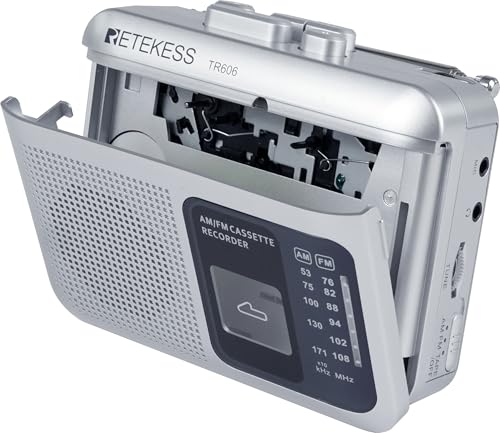 Retekess TR606 Leitor de cassetes pequenos, FM Am Radio, rádio cassete portátil, jack de auriculares de 3,5 mm, gravação em cassete e PC, presentes entre amigos (prata)