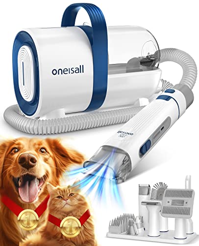 oneisall Corta-pelos cães com aspirador de cabelo, aspiram 99% dos pelos dos animais de estimação, máquina de corte silenciosa para cães e gatos e outras 7 ferramentas de higiene (azul)